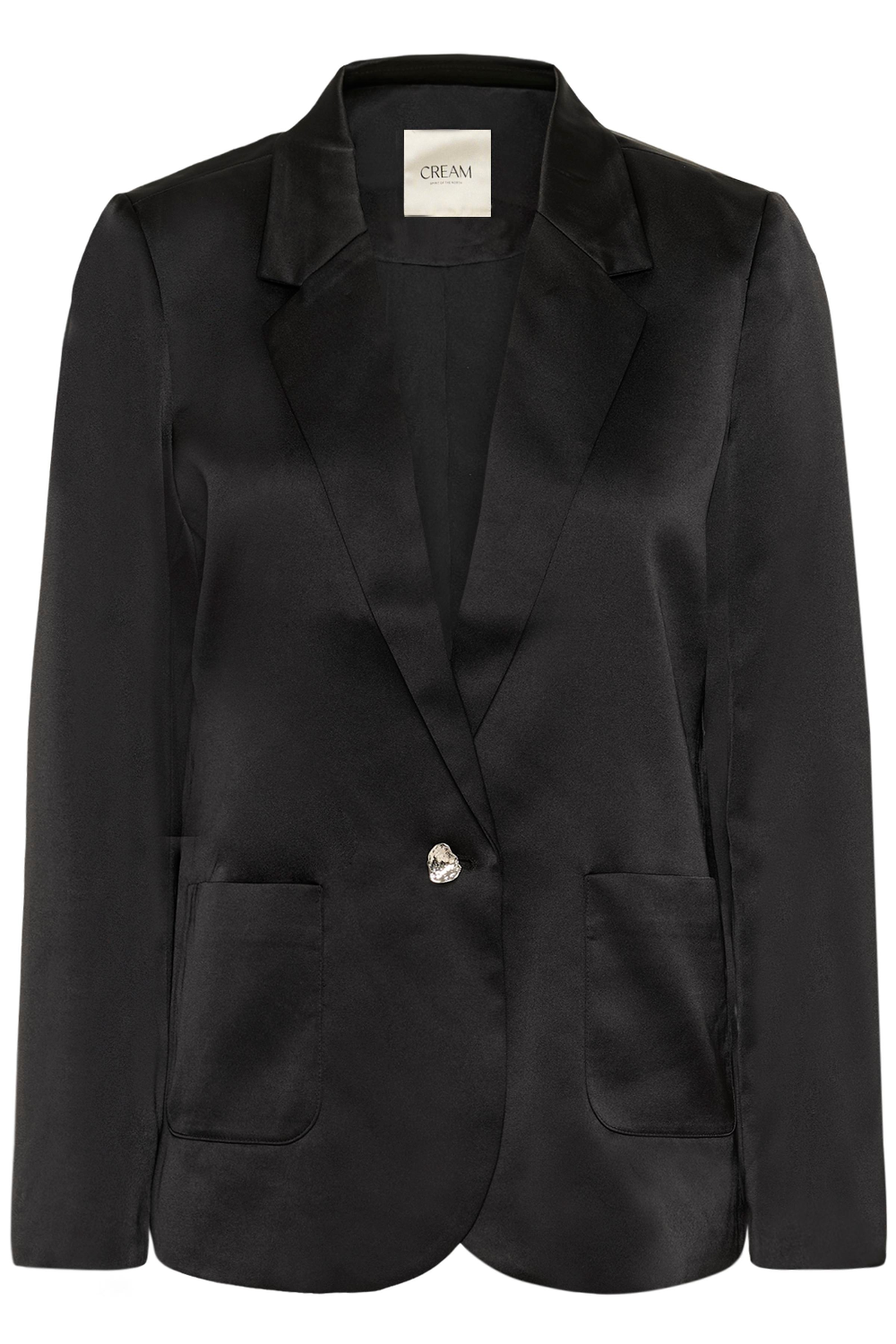 A black sateen blazer photographed against a light background.