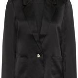 A black sateen blazer photographed against a light background.