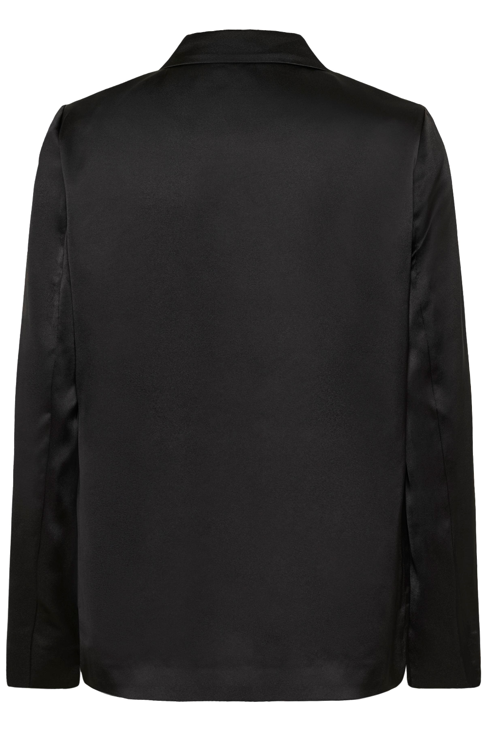 Back of a black sateen blazer photographed against a light background.