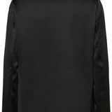 Back of a black sateen blazer photographed against a light background.