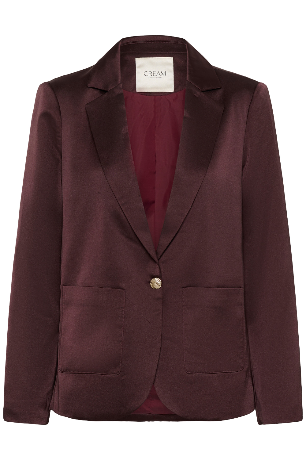 A deep wine coloured sateen blazer photographed against a light background.
