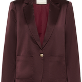A deep wine coloured sateen blazer photographed against a light background.