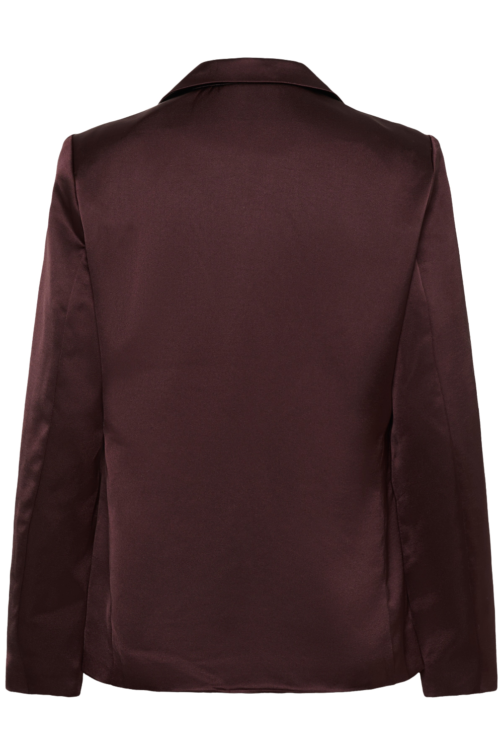 Back of a deep wine coloured sateen blazer photographed against a light background.
