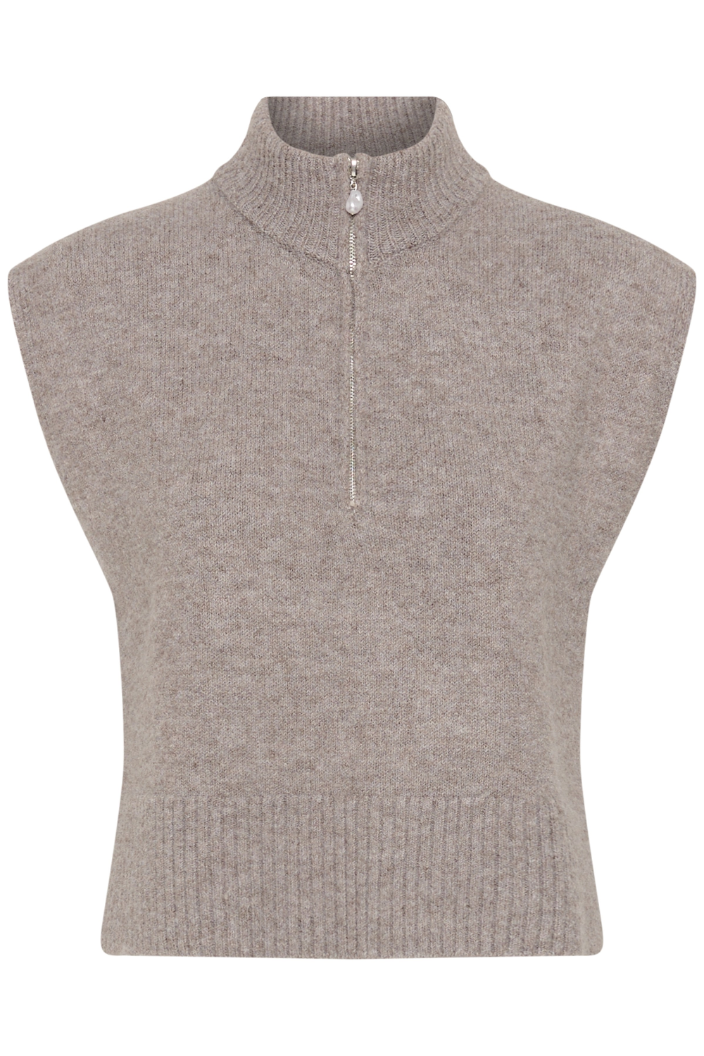 A brown half zip knit vest photographed against a light backdrop.