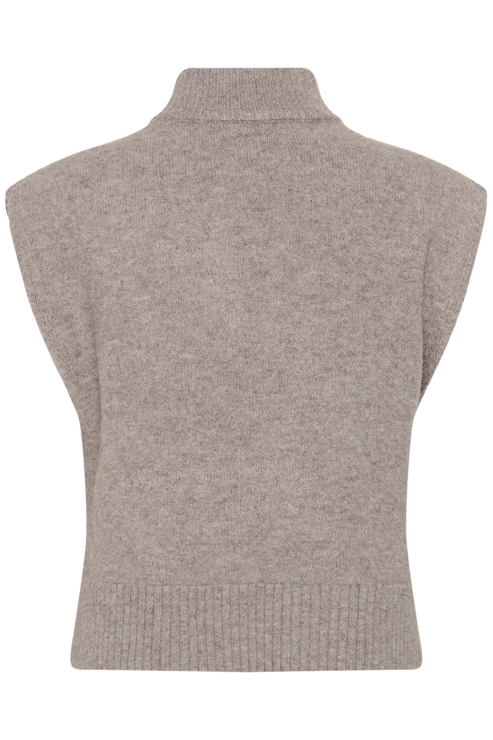 Back of a brown half zip knit vest photographed against a light backdrop.
