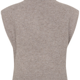 Back of a brown half zip knit vest photographed against a light backdrop.
