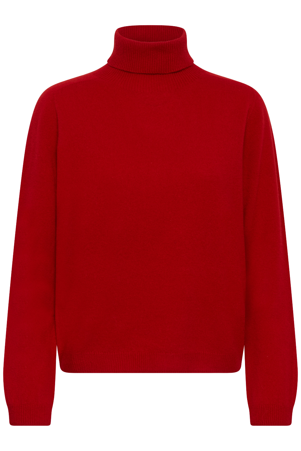 A red turtle neck sweater photographed against a light backdrop.