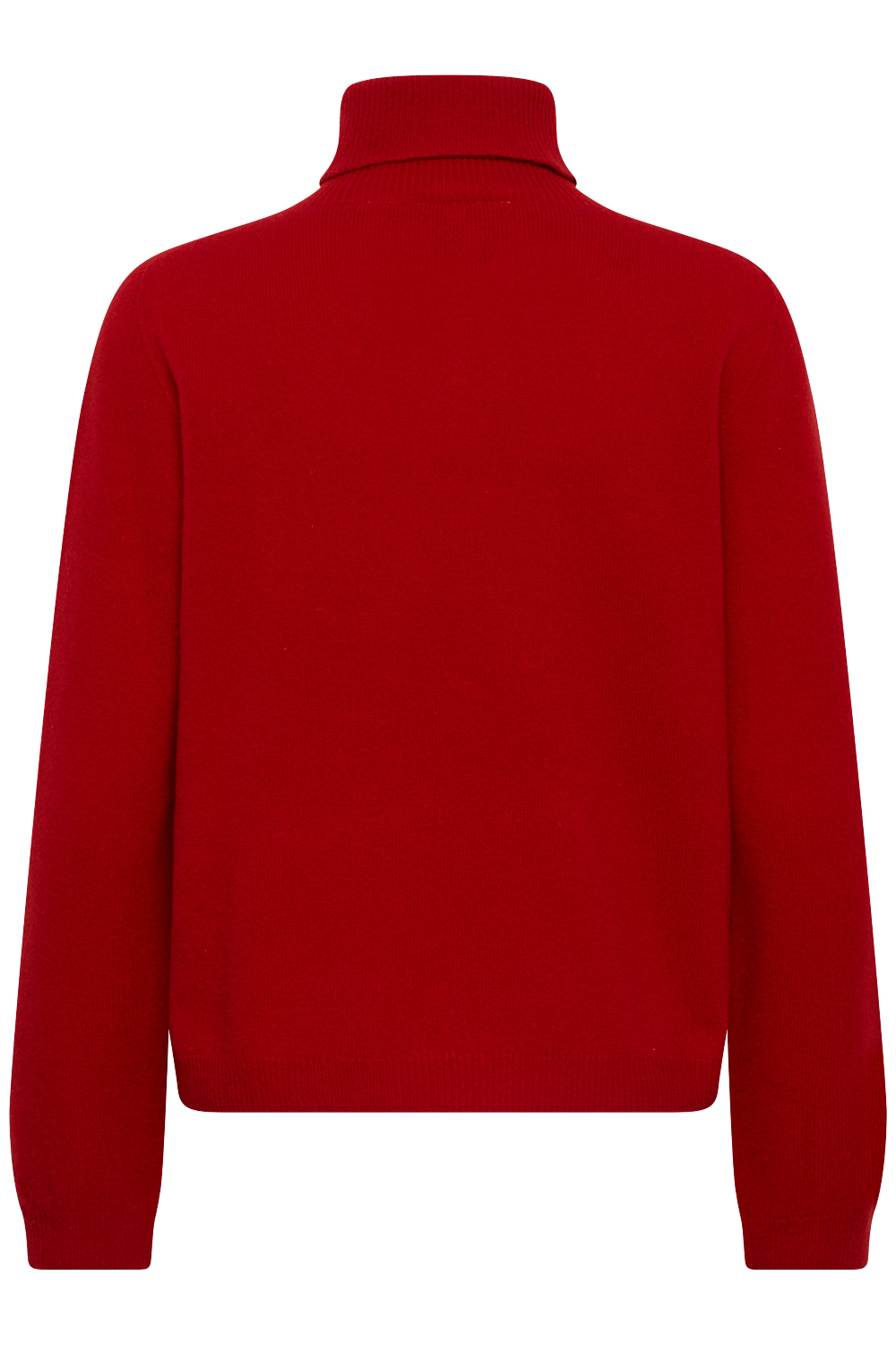 Back of a red turtle neck sweater photographed against a light backdrop.