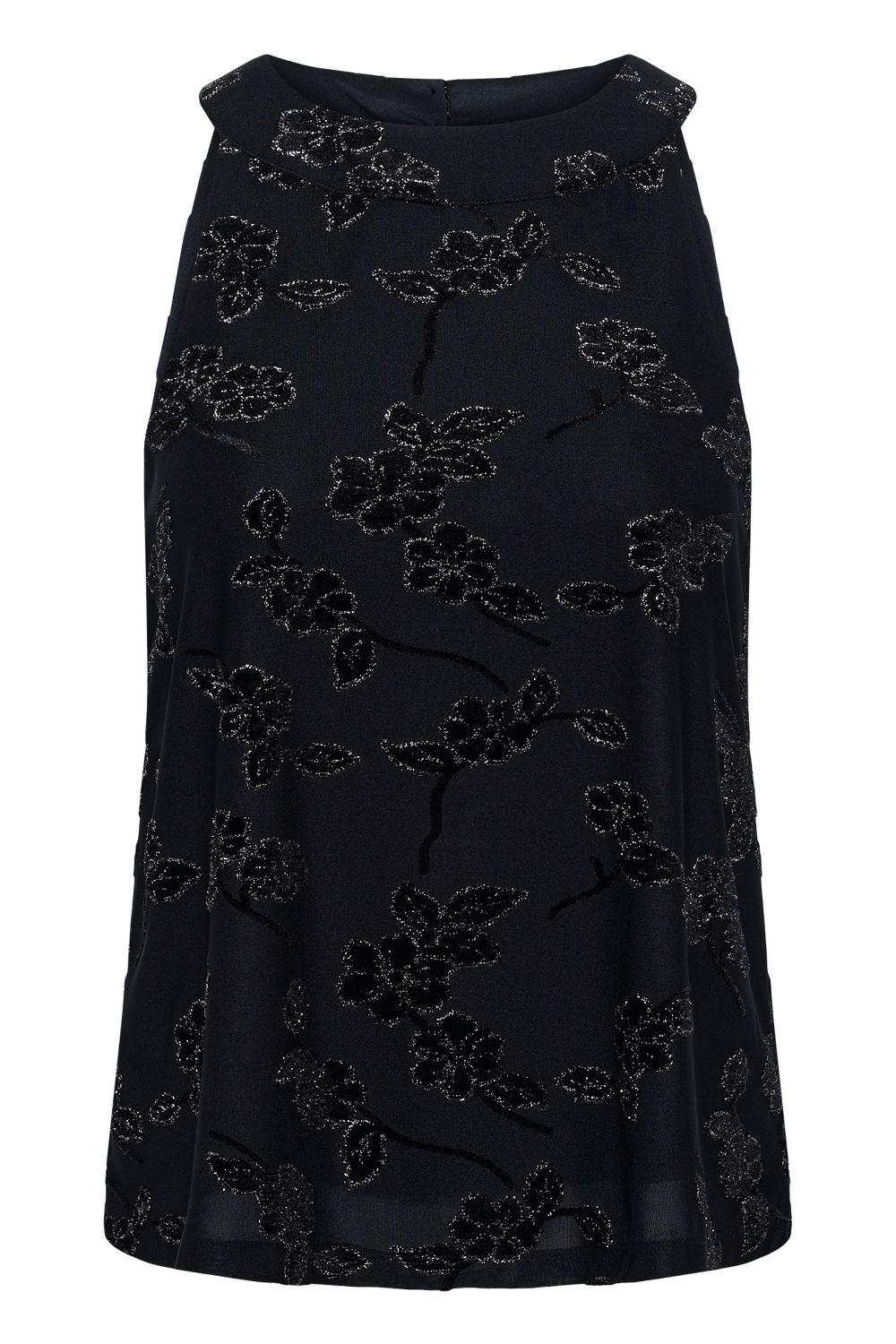 A sleeveless embellished black top photographed against a light background.