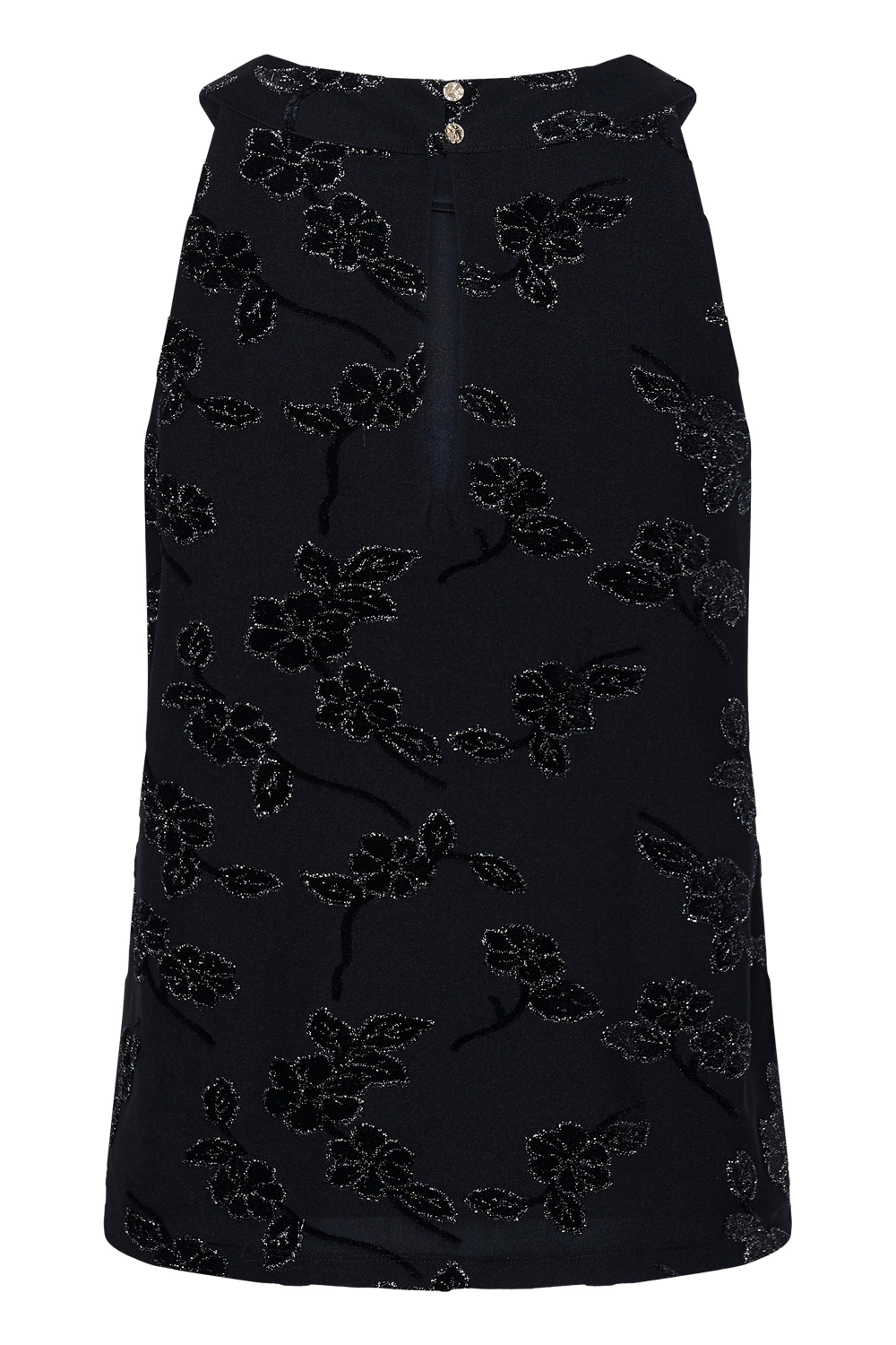 Back of a sleeveless embellished black top photographed against a light background.