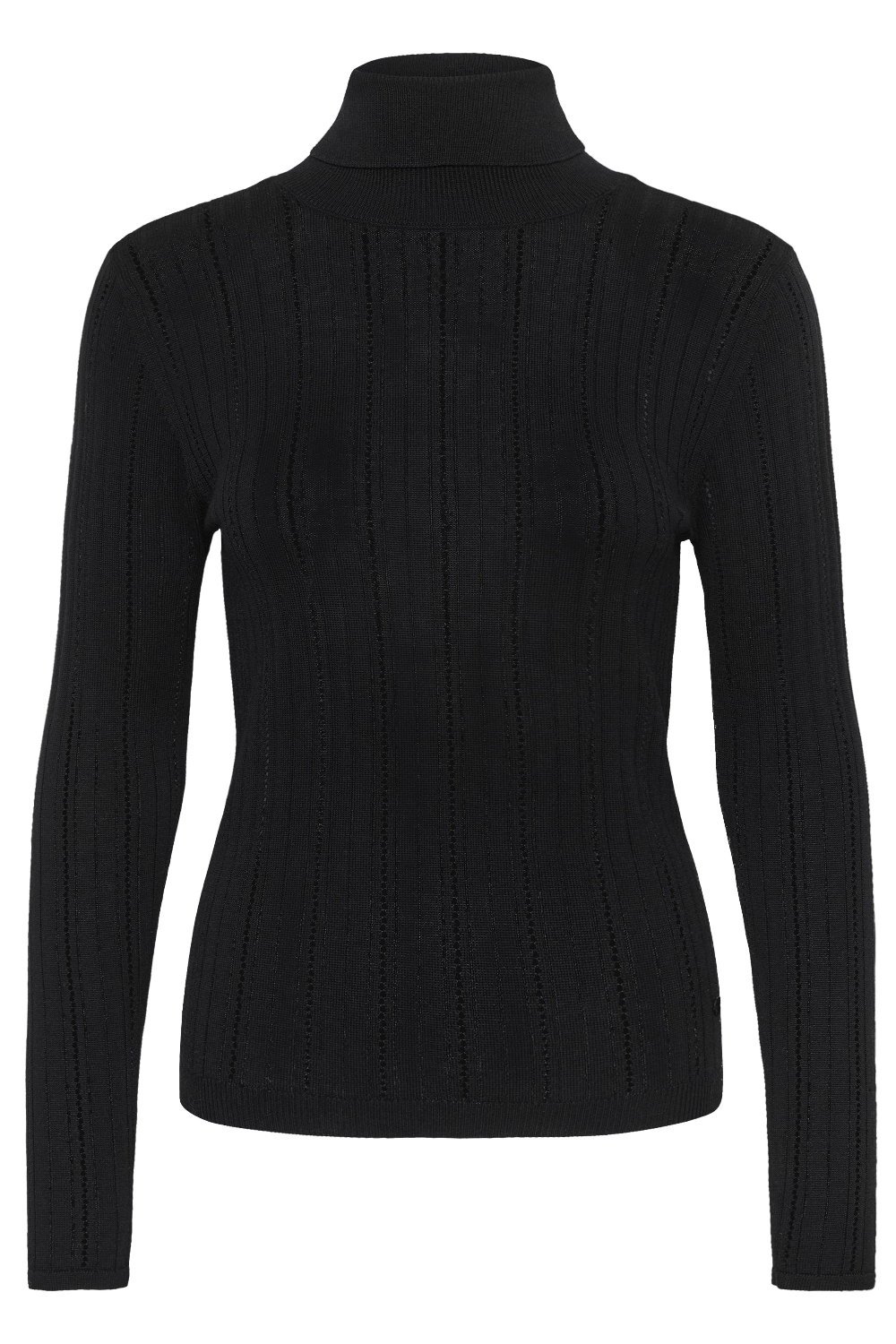 Black turtleneck sweater photographed on a light backdrop.