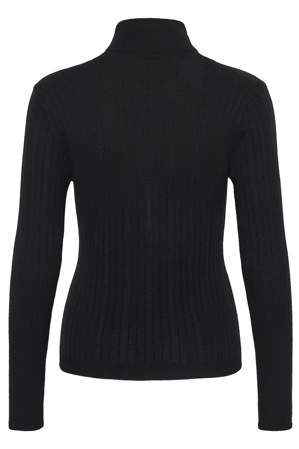 Back of black turtleneck sweater photographed on a light backdrop.