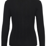 Back of black turtleneck sweater photographed on a light backdrop.