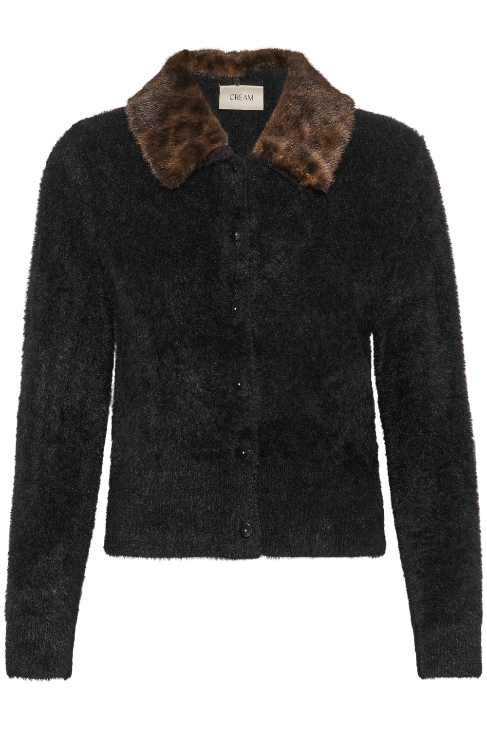 A black button front cardigan, with an animal print collar, photographed against a light backdrop.