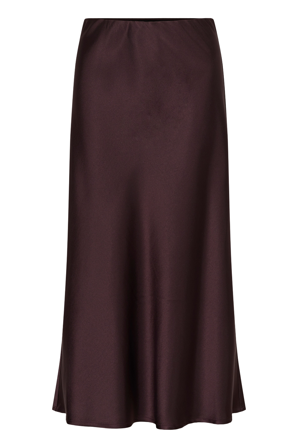 A deep wine coloured sateen skirt photographed against a light background.