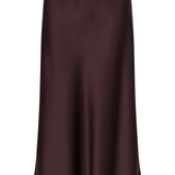 A deep wine coloured sateen skirt photographed against a light background.
