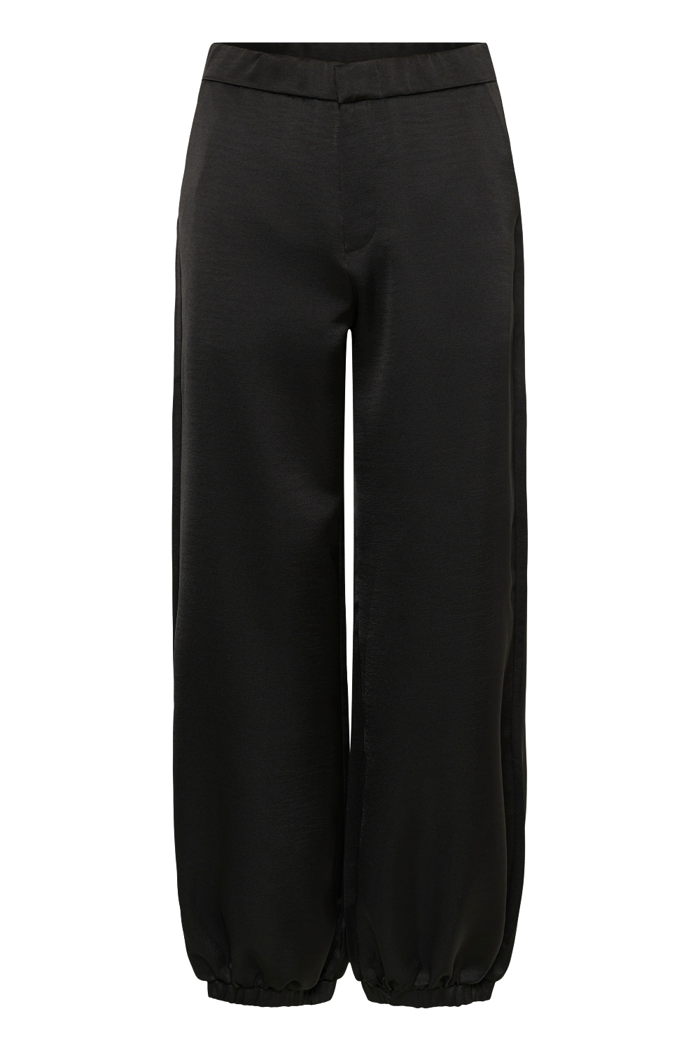 Sateen black pants photographed against a light backdrop.