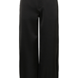 Sateen black pants photographed against a light backdrop.