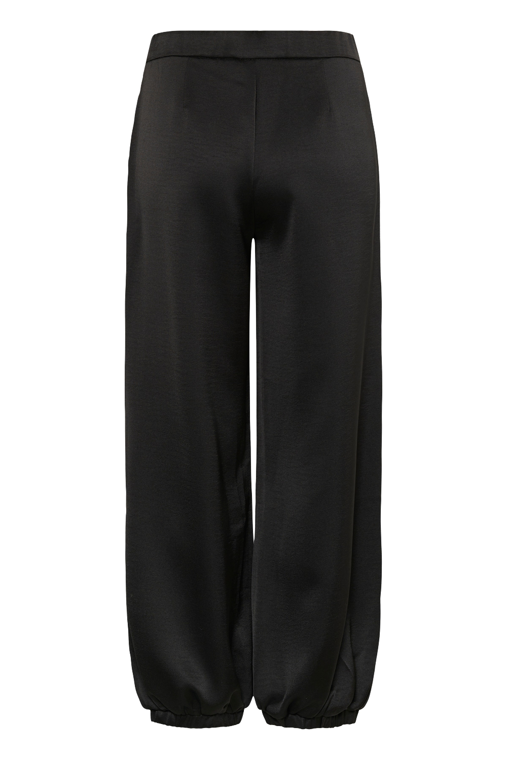Back of sateen black pants photographed against a light backdrop.