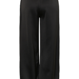 Back of sateen black pants photographed against a light backdrop.