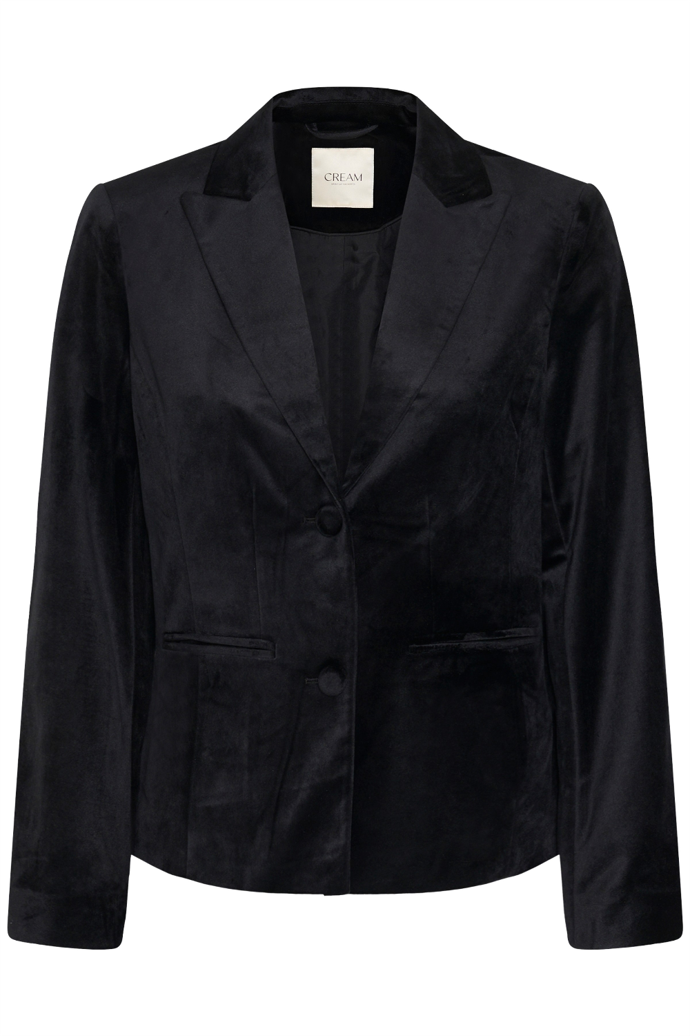 A black velour blazer photographed on a light background.
