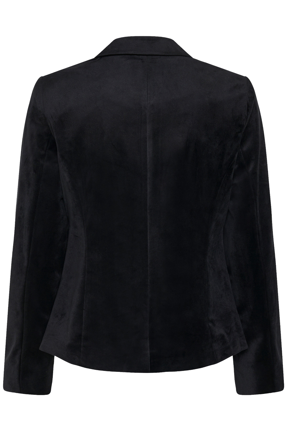 Back of a black velour blazer photographed on a light background.