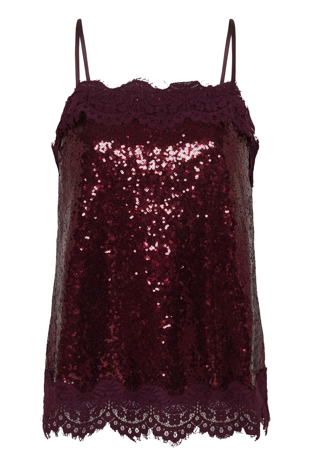 Spaghetti strap sequin top with lace trim photographed against a light background.