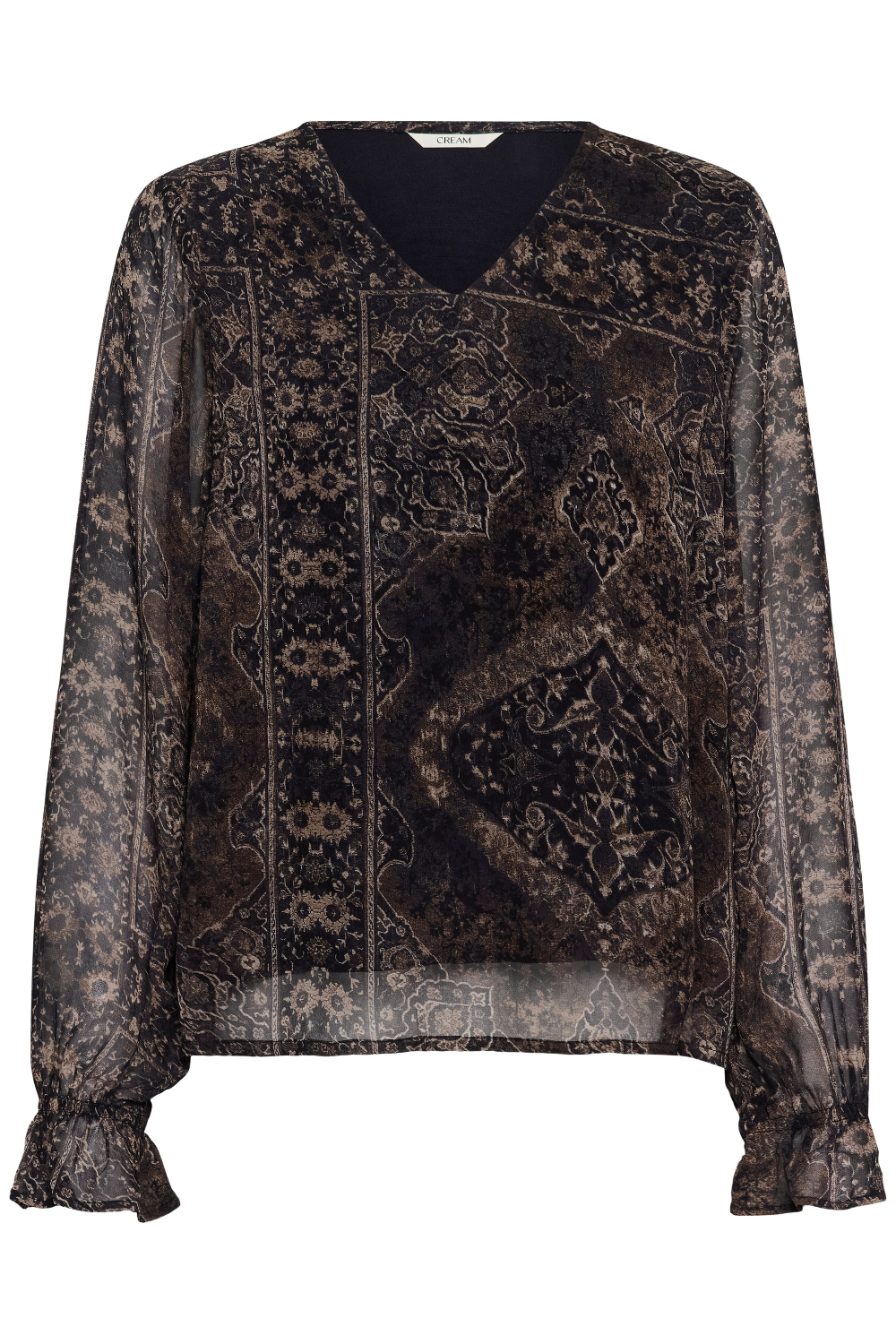 A printed brown v neck blouse photographed against a light background.