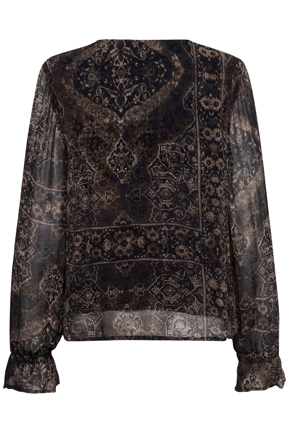 Back of a  printed brown v neck blouse photographed against a light background.