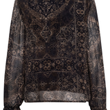 Back of a  printed brown v neck blouse photographed against a light background.