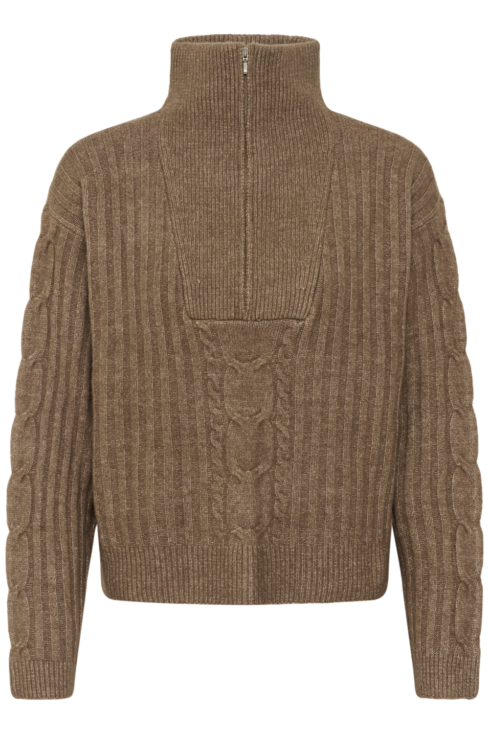 A brown 1/4 zip sweater photographed against a light backdrop.