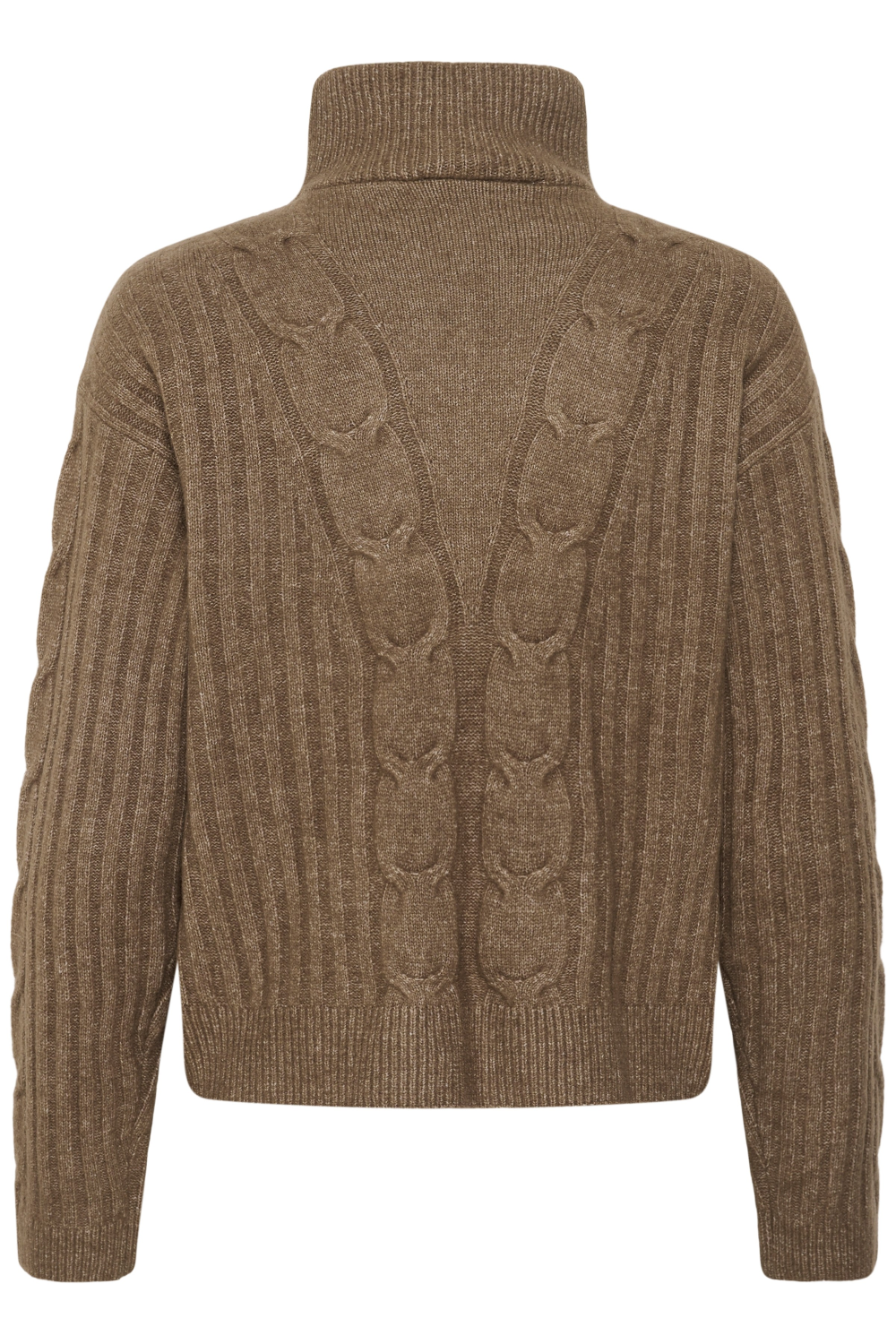 Back of a brown sweater photographed against a light backdrop.