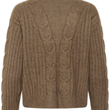 Back of a brown sweater photographed against a light backdrop.