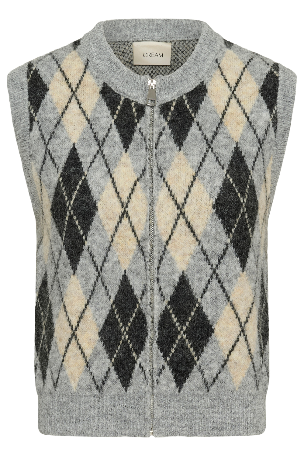 A sleeveless grey and cream zipper front argyle knit vest photographed against a light gray studio background.
