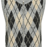 A sleeveless grey and cream zipper front argyle knit vest photographed against a light gray studio background.