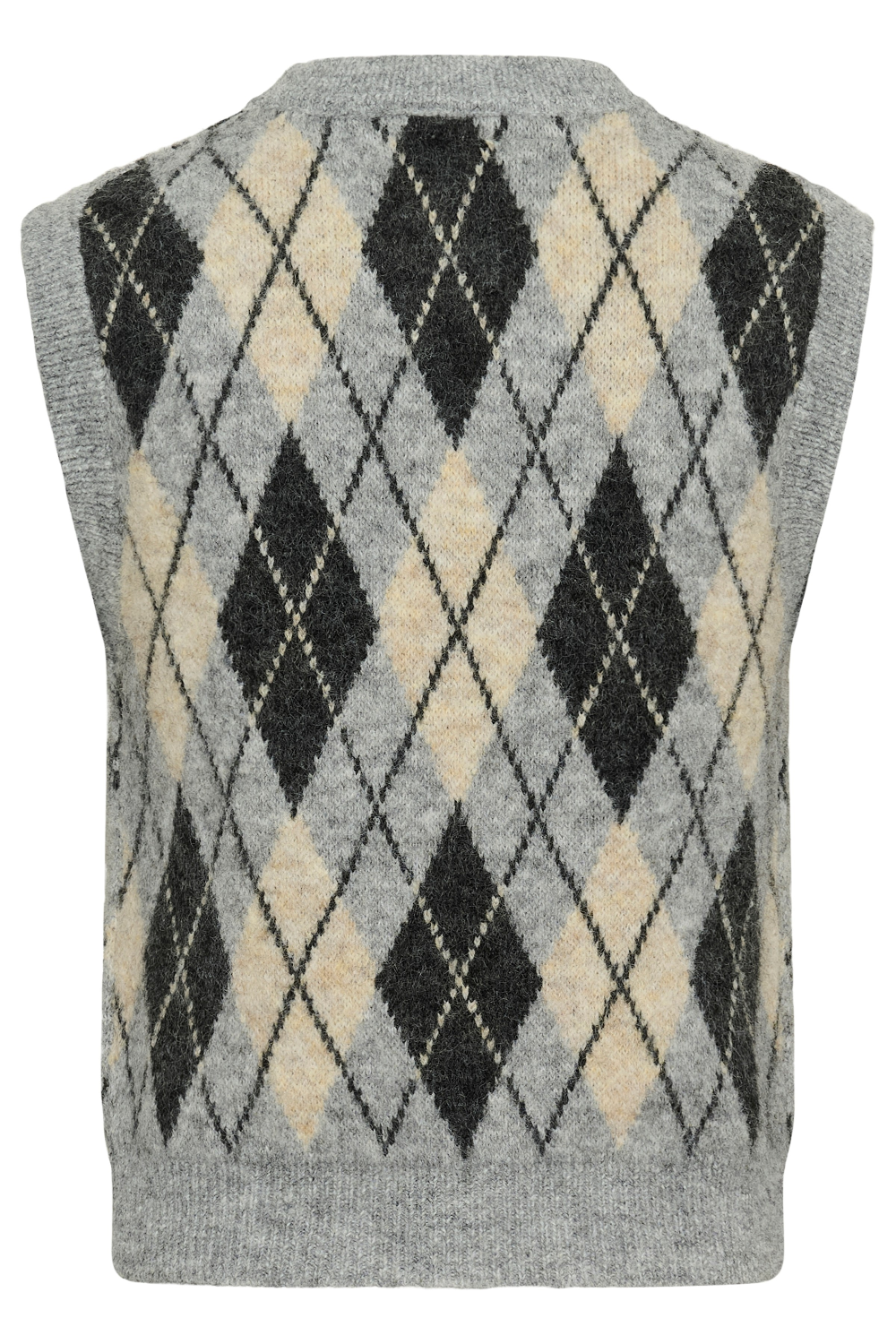 A gray knit sweater vest featuring an argyle pattern with beige and gray diamonds, shown against a plain white background.