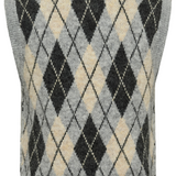 A gray knit sweater vest featuring an argyle pattern with beige and gray diamonds, shown against a plain white background.