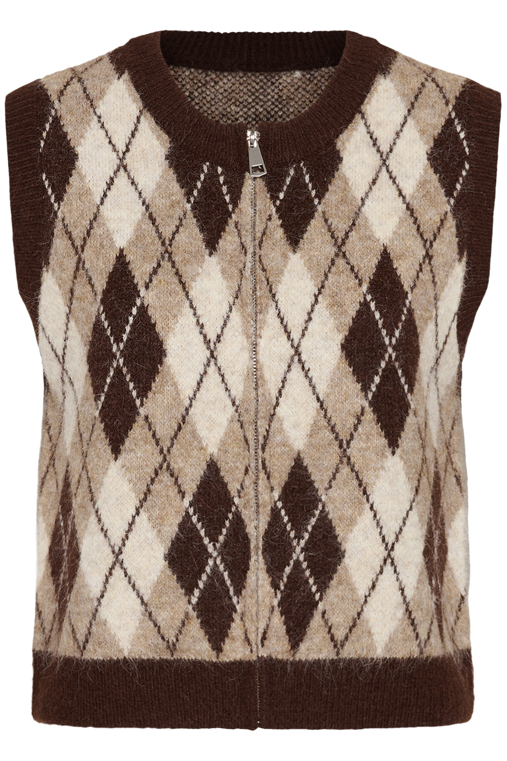 A sleeveless zip-up knit sweater vest featuring an argyle pattern in dark brown, beige, and cream, with a ribbed crew neck, hem, and cuffs.