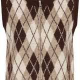 A sleeveless zip-up knit sweater vest featuring an argyle pattern in dark brown, beige, and cream, with a ribbed crew neck, hem, and cuffs.