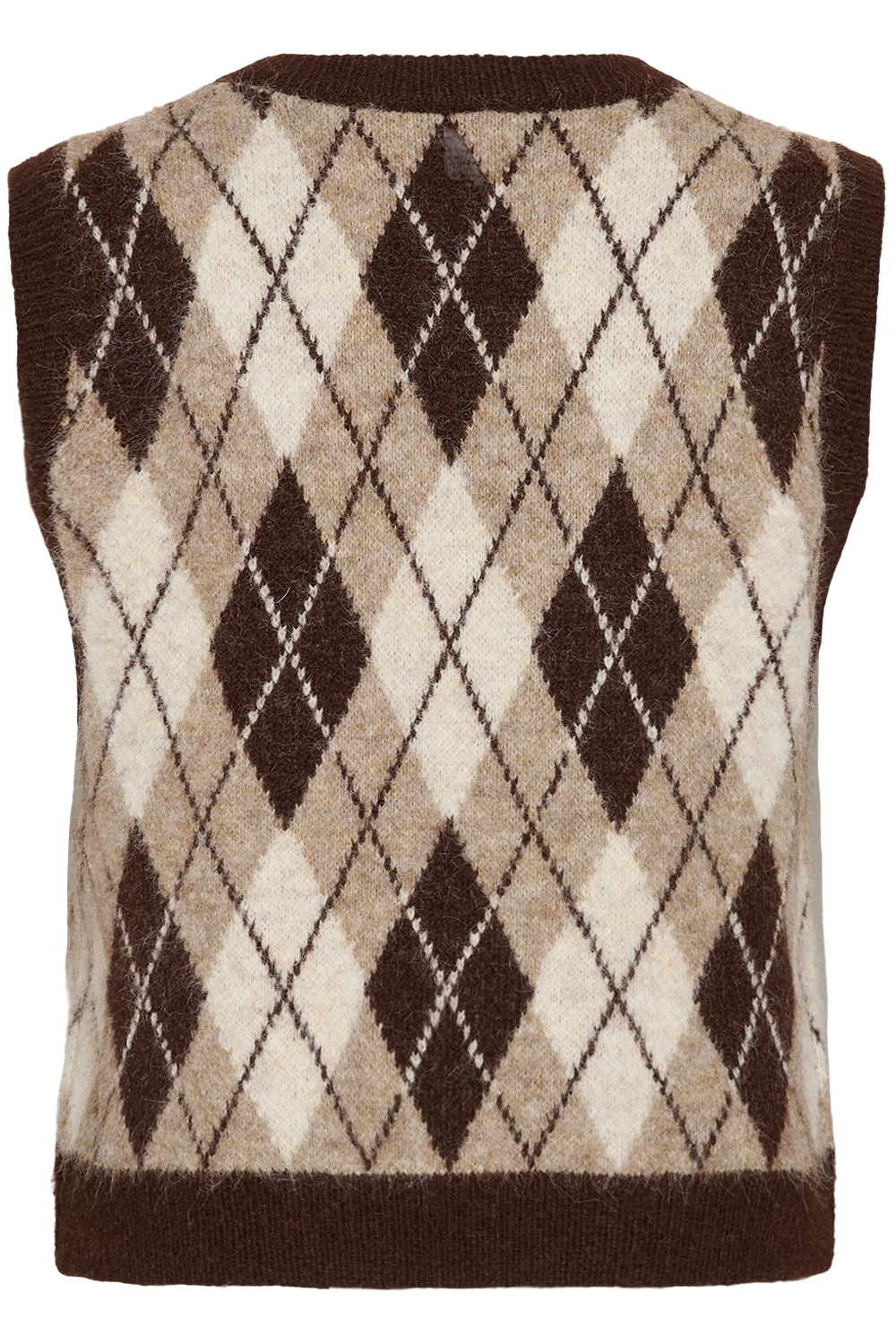 A sleeveless knit sweater vest featuring an argyle pattern in dark brown, beige, and cream, with solid dark brown ribbed trim at the collar, armholes, and hem.