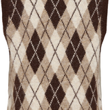 A sleeveless knit sweater vest featuring an argyle pattern in dark brown, beige, and cream, with solid dark brown ribbed trim at the collar, armholes, and hem.