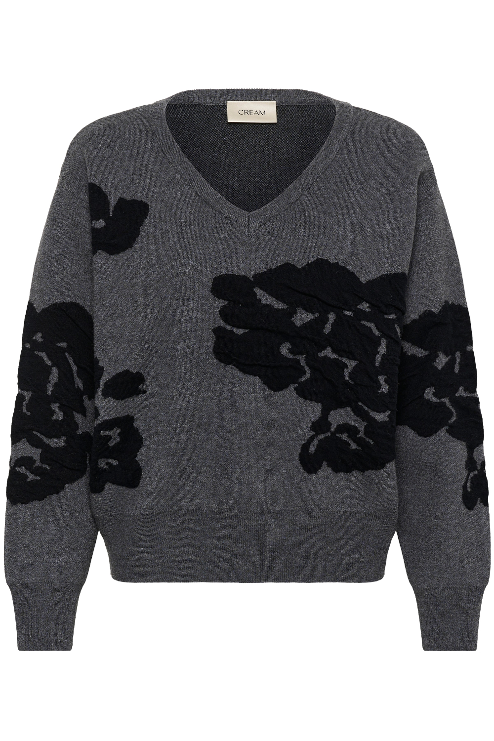Grey v-neck sweater, with black accents, photographed against a light background.
