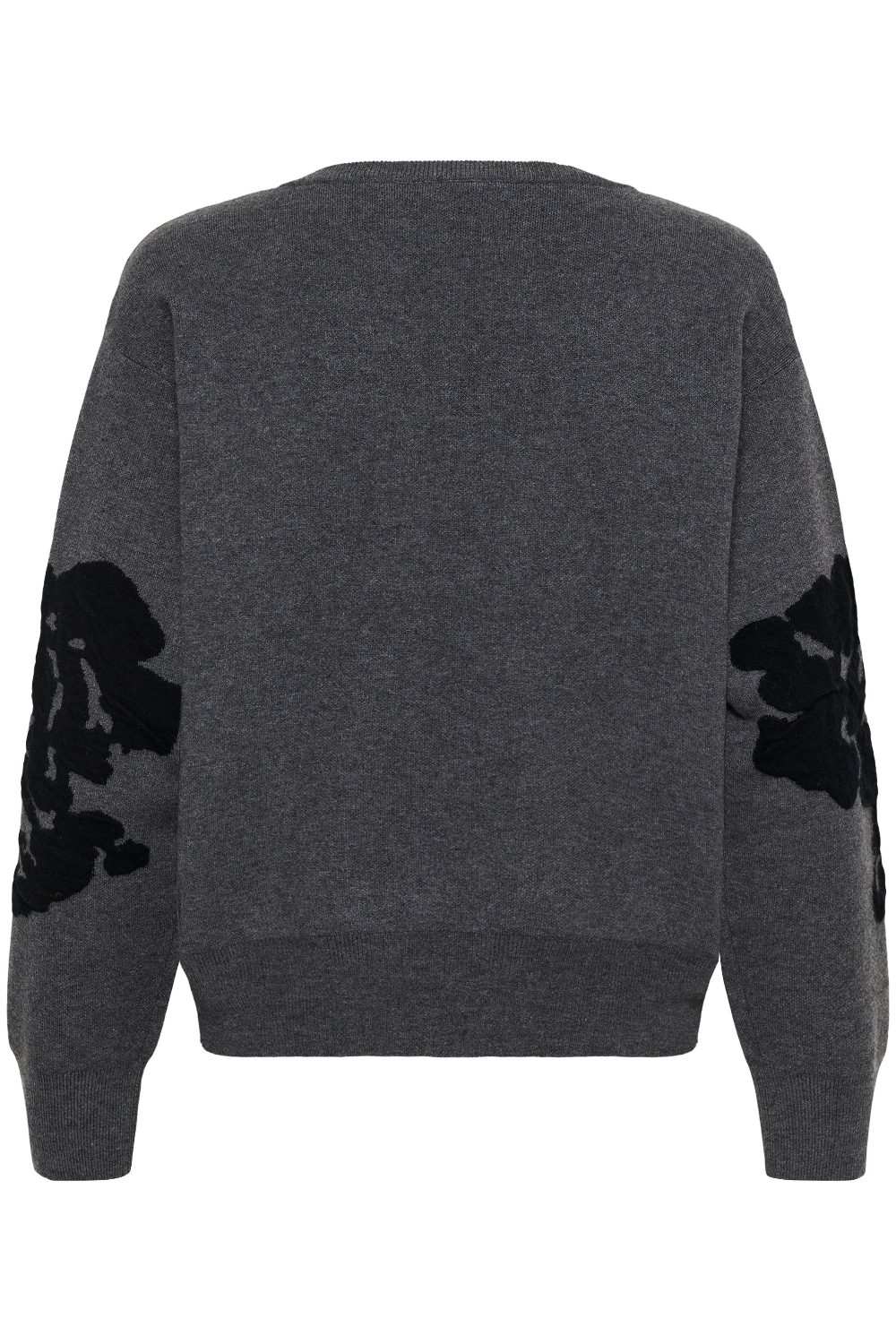 Grey sweater with black accents, shown from behind, photographed against a light background.