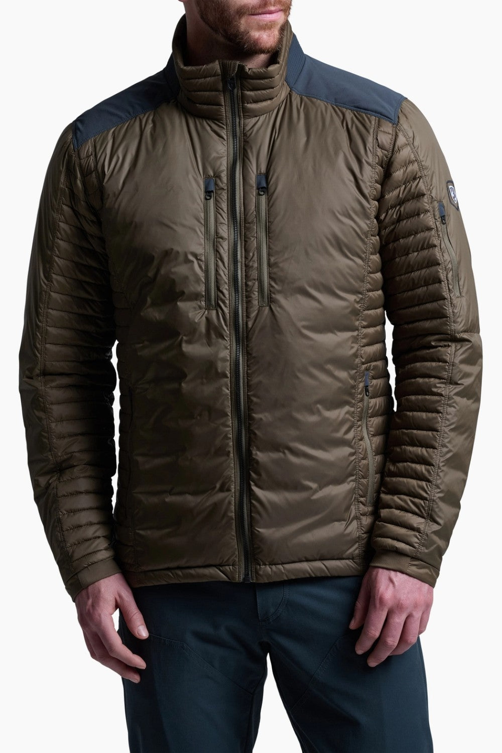 Brown puffer jacket with blue accents on a white background