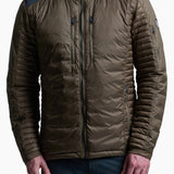 Brown puffer jacket with blue accents on a white background