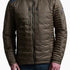 Brown puffer jacket with blue accents on a white background
