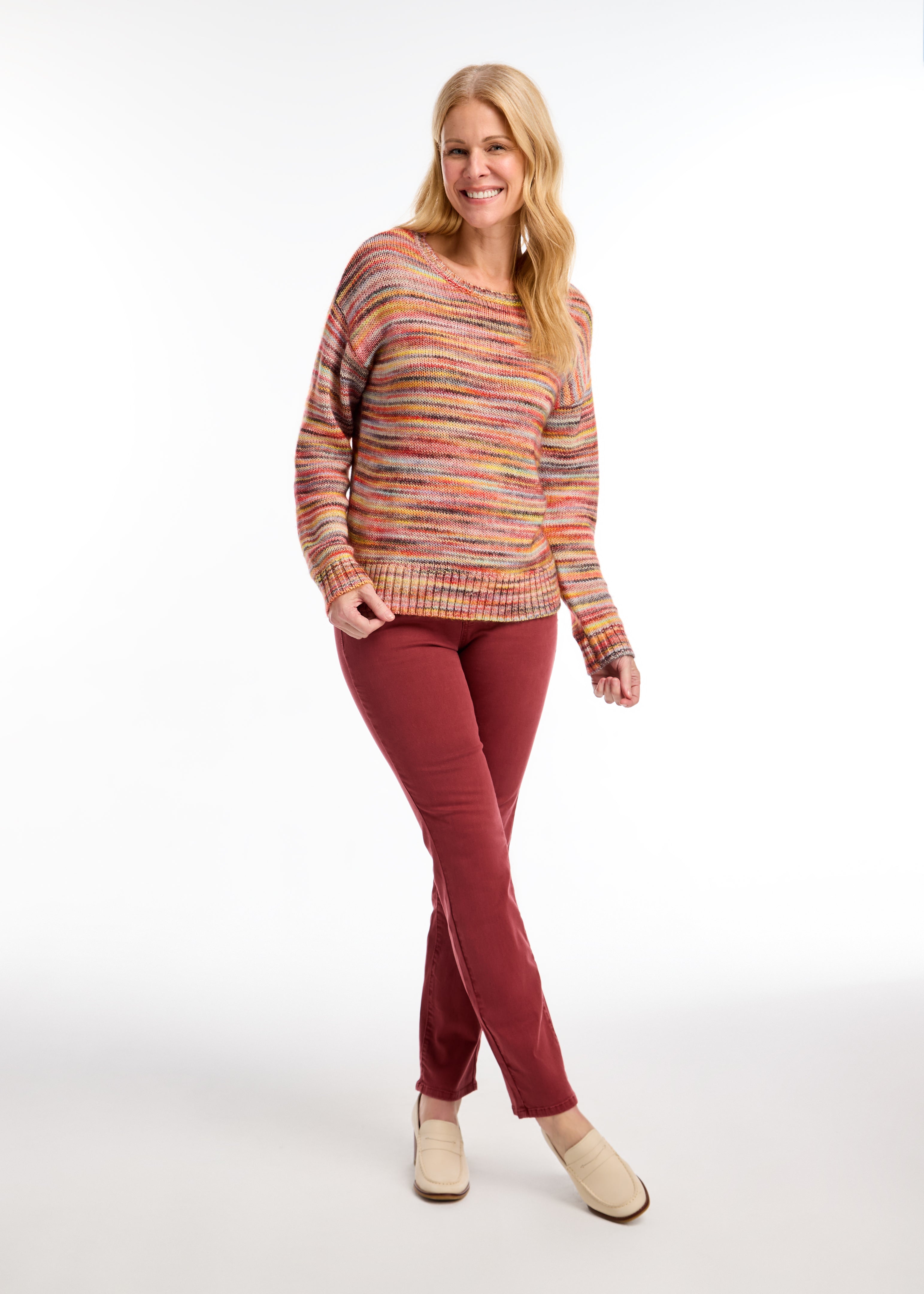 Expertly crafted for comfort, the FDJ Long Sleeve Spacedye Sweater boasts a soft texture that will keep you cozy all day long. Its classic crew neck design is accentuated by cheerful stripes, adding a pop of colour and style to any outfit. Elevate your wardrobe with this stylish and comfortable sweater.