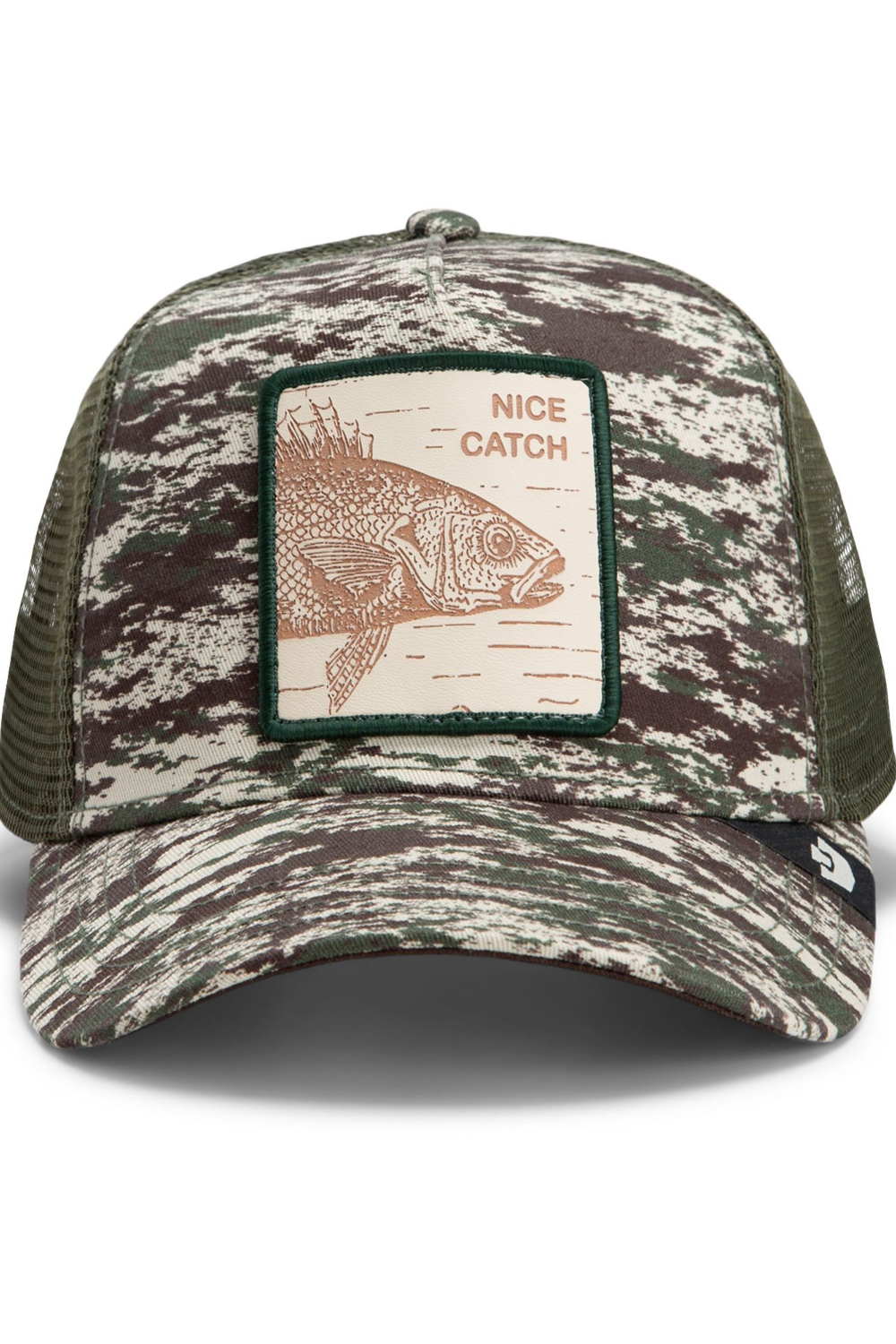 Broderick's Clothing Co. Goorin Bros. camouflage trucker hat with an engraved bass patch and mesh back