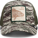 Broderick's Clothing Co. Goorin Bros. camouflage trucker hat with an engraved bass patch and mesh back