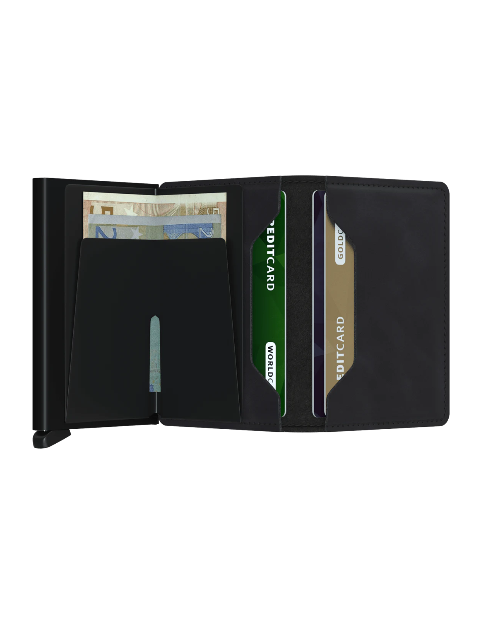 Small in size and surprisingly large in storage capacity, the Miniwallet combines the best of both worlds. The exterior holds banknotes, receipt and cards, while the aluminium Cardprotector allows you to slide out cards with one simple motion and protects them from bending, breaking and unwanted wireless communication.